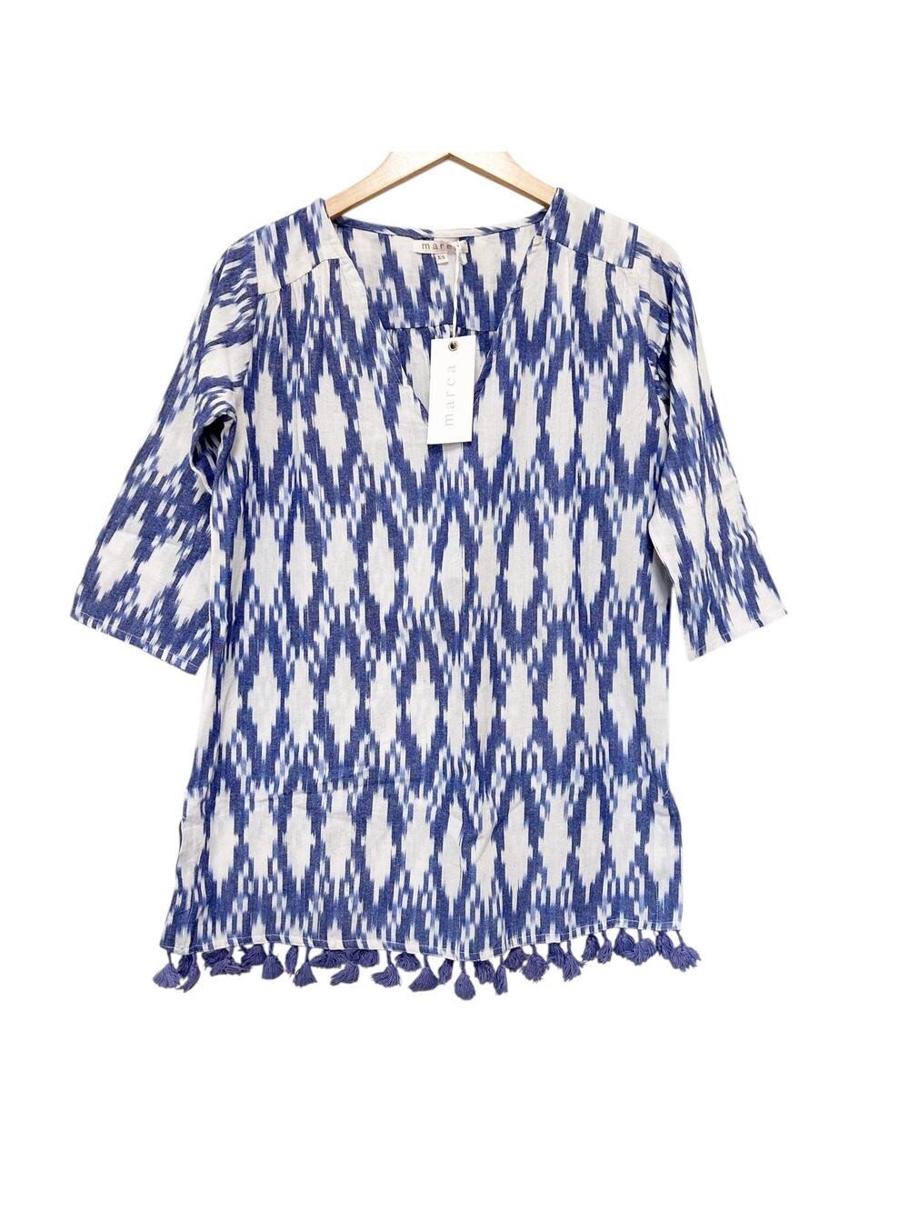 Marea Blue Ikat Printed Tassel Cover Up Sz XS
